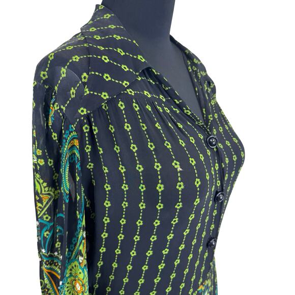 Vintage 70s Psychedelic Paisley Shirt Dress – Black, Green, Floral, M - Picture 1 of 16